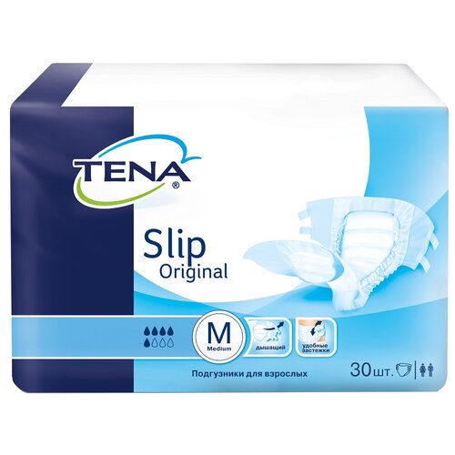 Подгузники для взрослых ТЕНА Slip Original, M, 75 х 120 см, 5 капель, 80-120 см, 1 уп. по 30 шт. фото