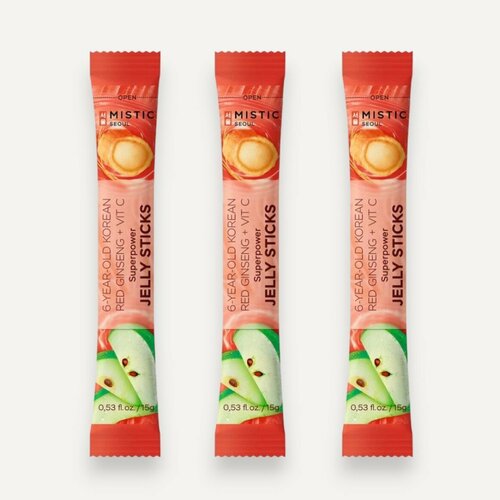 MISTIC 6-YEAR OLD KOREAN RED GINSENG+VIT C SUPERPOWER JELLY STICKS суперпауэр желейные палочки С 6-ЛЕТНИМ корейским красным женьшенем И витамином С со вкусом яблока 3шт*15г фото