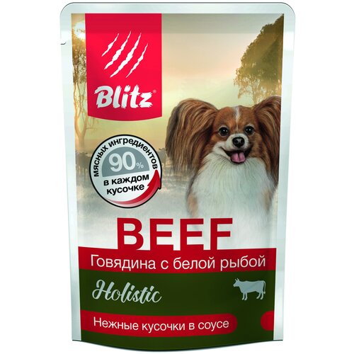 фотография Влажный корм BLITZ HOLISTIC BEEF для взрослых собак маленьких пород с говядиной и белой рыбой в соусе (85 гр х 24 шт), купить за 2160р