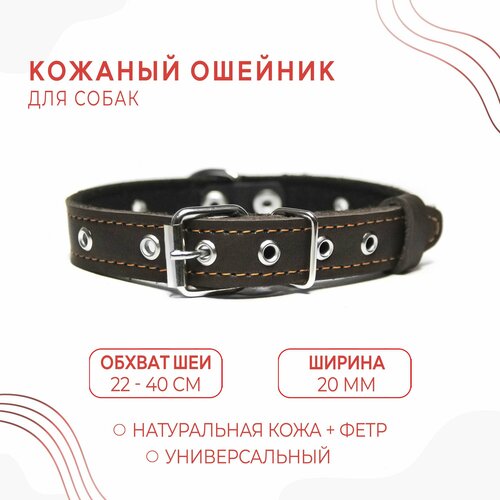 Кожаный ошейник на фетре (обхват шеи 22-40 см.) для собак / Коричневый фото