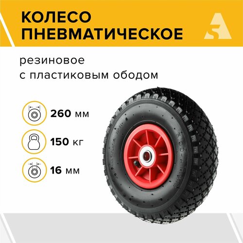 Колесо для тачки / тележки пневматическое 3.00-4, диаметр 260 мм, ось 16 мм, подшипник, PR 1806-16 фото