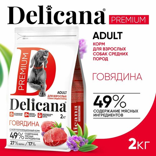 фотография Сухой корм для собак Delicana говядина 1 уп. х 1 шт. х 2000 г (для средних пород), купить за 726р