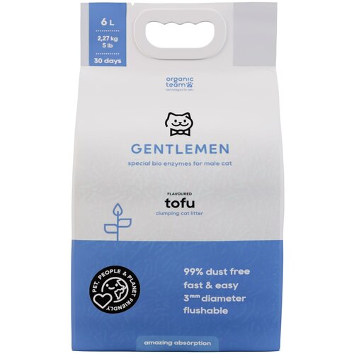 фотография Наполнитель Organic Team Tofu Gentlemen для кошачьего туалета из тофу, комкующийся, растительный, адаптирован для мальчиков, смываемый, 6 л., купить за 540р