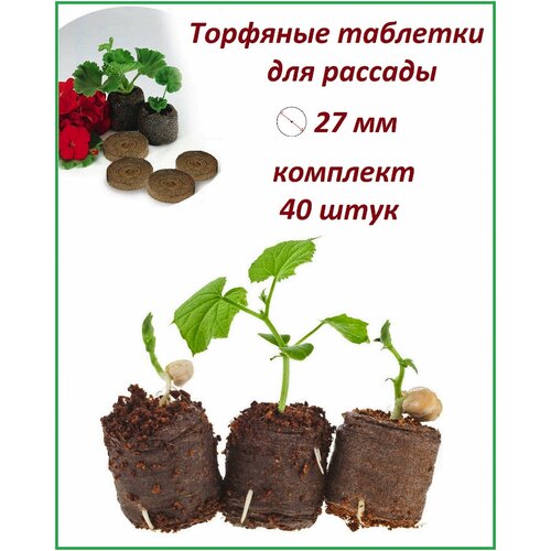 Торфяные таблетки для рассады в оболочке, 40 штук, d 27 мм, набор для проращивания семян любых овощей, цветов и растений фото