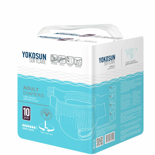 Подгузники для взрослых YokoSun Softcare Adult diapers, L, 7 капель, 100-150 см, 1 уп. по 10 шт. фото