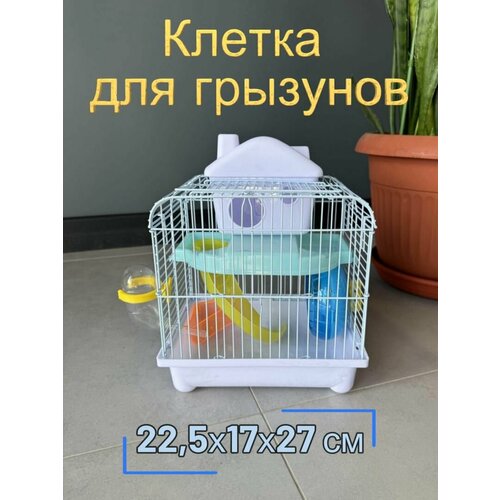 фотография Клетка для грызунов 22.5х17х27 см, два входа ручка, поилка кормушка, колесо горка домик, белый, купить за 1098р