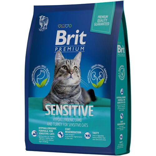 Сухой корм для кошек Brit Premium Sensitive с чувствительным пищеварением, гипоаллергенный, с ягненком и индейкой 8000 г (кусочки в соусе) фото