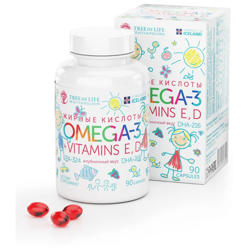 Tree of Life Omega-3 + Vitamins E, D для детей капс., 120 г, 90 шт., клубника фото