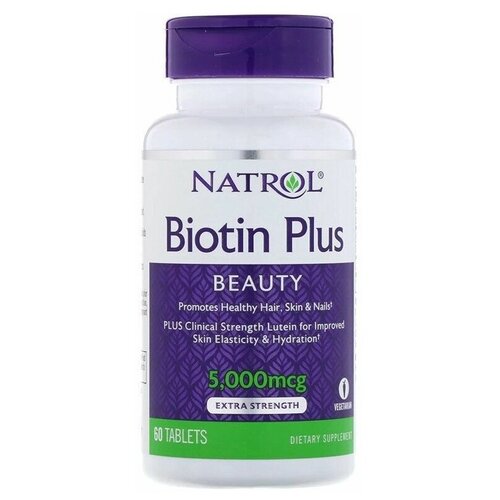 фотография Таблетки Natrol Biotin Plus, 80 г, 5000 мкг, 60 шт., купить за 2199р