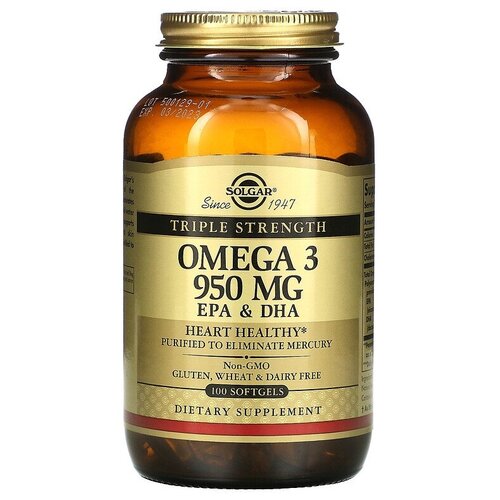 Solgar, Omega 3, EPA & DHA, Triple Strength, 950 mg, омега-3, ЭПК и ДГК, тройной концентрации, 950 мг, 100 капсул фото