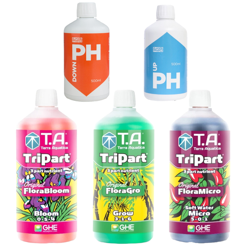 Комплект удобрений GHE flora Series (TriPart T.A.) Grow/Bloom/Micro 3шт по 1л SW (Для мягкой воды)+ E-MODE pH Up/pH Down 2 шт по 0,5л фото