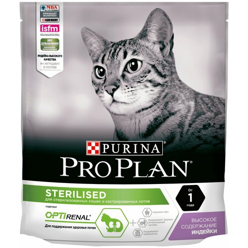 Сухой корм для стерилизованных кошек и кастрированных котов Purina Pro Plan Sterilised OPTIRENAL, с высоким содержанием индейки, 4 шт. х 400 г фото