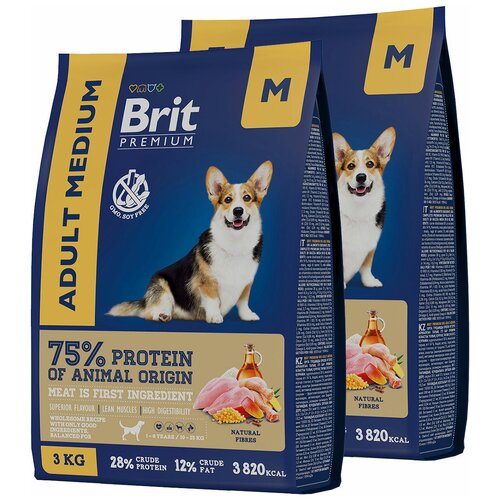 фотография BRIT PREMIUM DOG ADULT MEDIUM для взрослых собак средних пород с курицей (3 + 3 кг), купить за 3070р