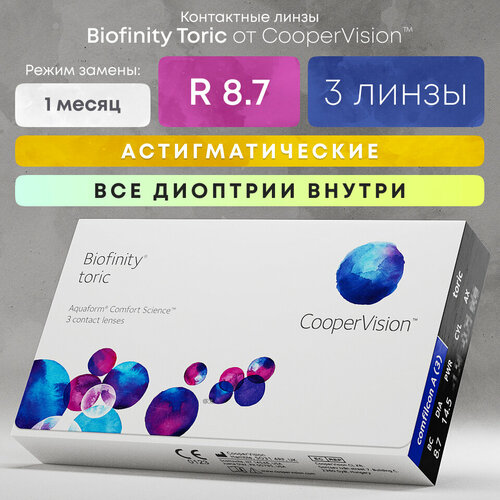 Контактные линзы CooperVision Biofinity Toric., 3 шт., R 8,7, D +3, CYL: -0,75, AХ: 80, бесцветный, 1 уп. фото