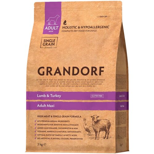 фотография GRANDORF SINGLE GRAIN DOG ADULT MAXI LAMB & TURKEY низкозерновой для взрослых собак крупных пород с ягненком и индейкой (3 кг), купить за 3850р