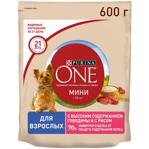 фотография Сухой корм Purina ONE® для взрослых с говядиной и с рисом 600г, купить за 1143р