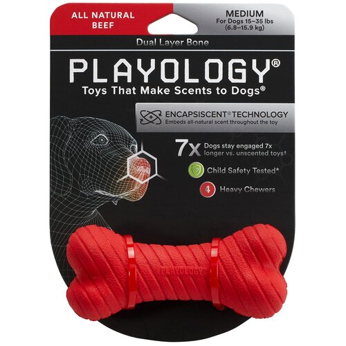 Playology двухслойная жевательная косточка DUAL LAYER BONE с ароматом говядины, средняя, красный фото