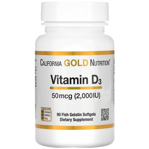 Витамин Д3 (Vitamin D3 California Gold Nutrition), 50 мкг (2000 МЕ), 90 капсул фото