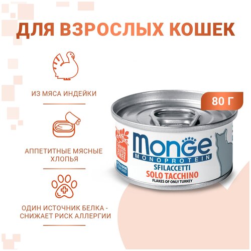 Влажный корм для кошек Monge Monoprotein, беззерновой, с индейкой 80 г (паштет) фото