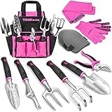 Photo THINKWORK Pink Garden Tools, Gardening Gifts for Women, with 2 in 1 Detachable Storage Bag, Trowel, Transplanter, Rake, Weeder, Cultivator, Purning Shears and 3 Additional Protection Tools, best price $35.99, bestseller 2025