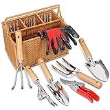 Photo SOLIGT 8 Piece Garden Tool Set with Basket, Stainless Steel Extra Heavy Duty Gardening Hand Tools Kit with Wood Handle for Men Women, best price $32.99, bestseller 2024