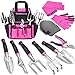 THINKWORK Pink Garden Tools, Gardening Gifts for Women, with 2 in 1 Detachable Storage Bag, Trowel, Transplanter, Rake, Weeder, Cultivator, Purning Shears and 3 Additional Protection Tools new 2022